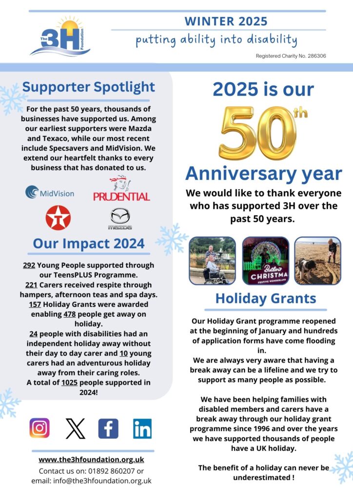 Newsletter first page showing pictures of guests on holiday. Four logos of previous supporters and a big gold coloured 50.