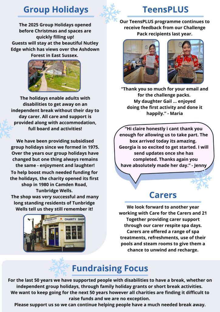 Page two of the Winter 2024/2025 newsletter showing photos of a girl showing the camera her baking.