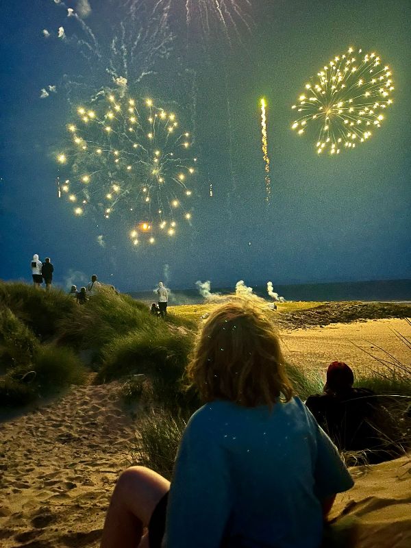Cillian 1 A young boy facing away from the camera watching fireworks in the sky while sitting on the beach.