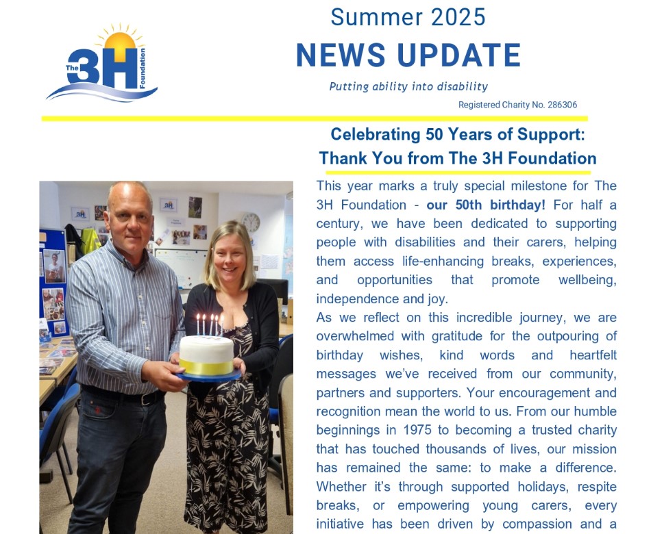 A front page of a newsletter showing wording next to a photo of a man and lady holding a 50th birthday cake.