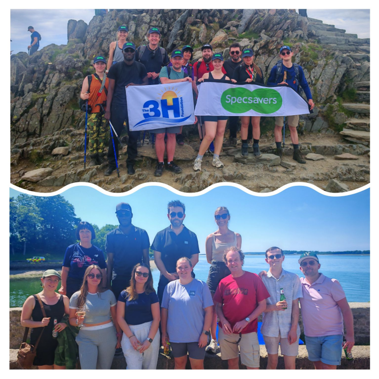 Specsavers Snowdon 2025 Two photos showing a group of people from Specsavers standing at the top of Snowdon and at the bottom.