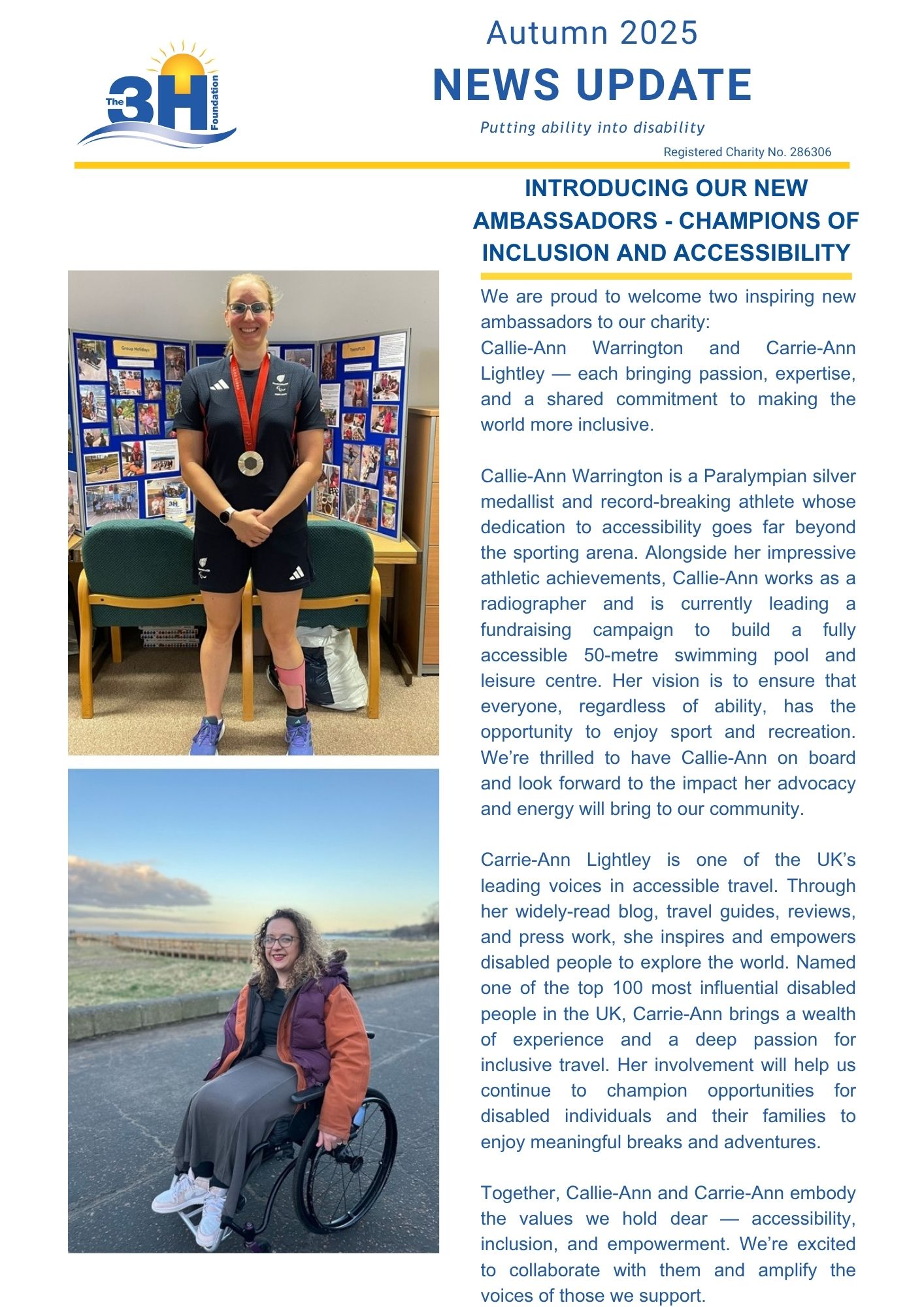 Page 1 of the Autumn newsletter showing pictures of Callie-Ann Warrington and Carrie-Ann Lightley, our new ambassadors.