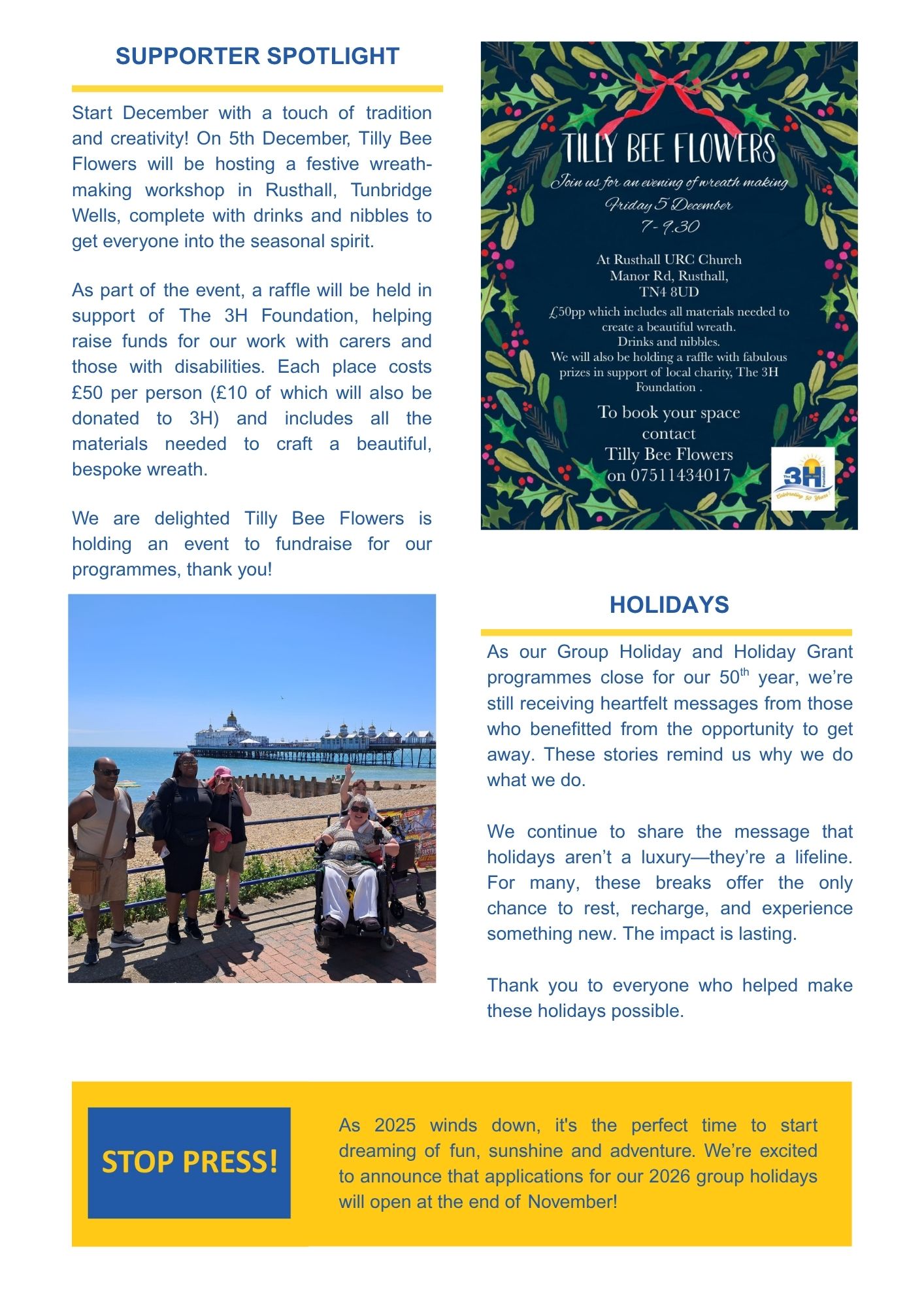 Page 2 of the Autumn 2025 Newsletter showing an advert for a wreath making course and a photo of some holiday guests.