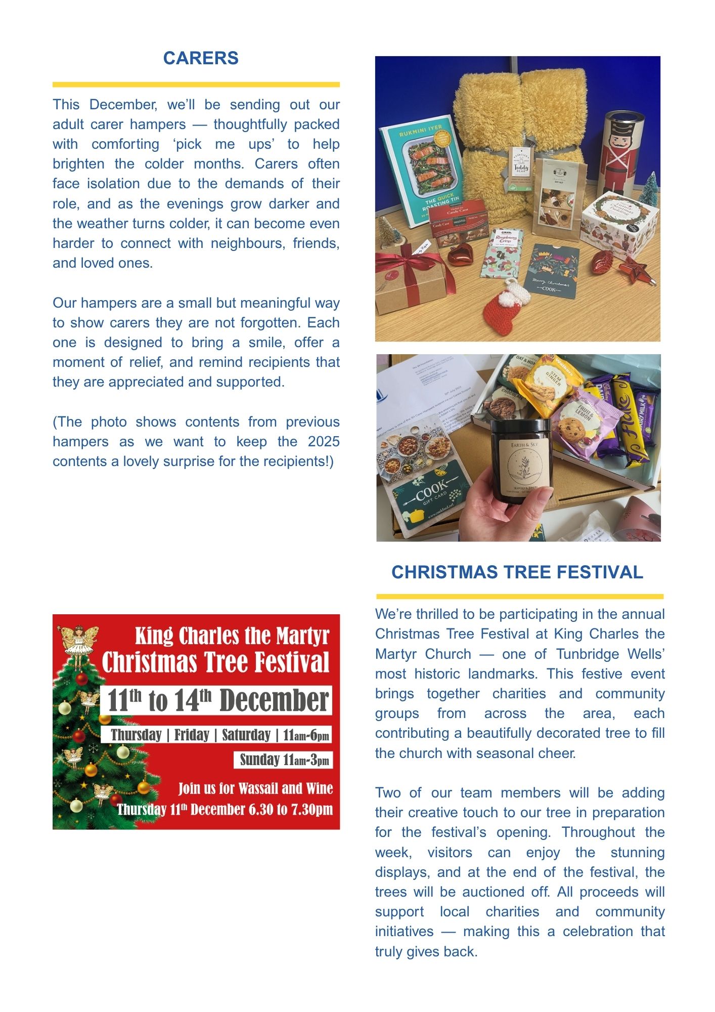 Page 3 of the Autumn Newsletter 2025 featuring photos of carers hampers and an advert for a Christmas Tree festival which will raise funds for the charity.