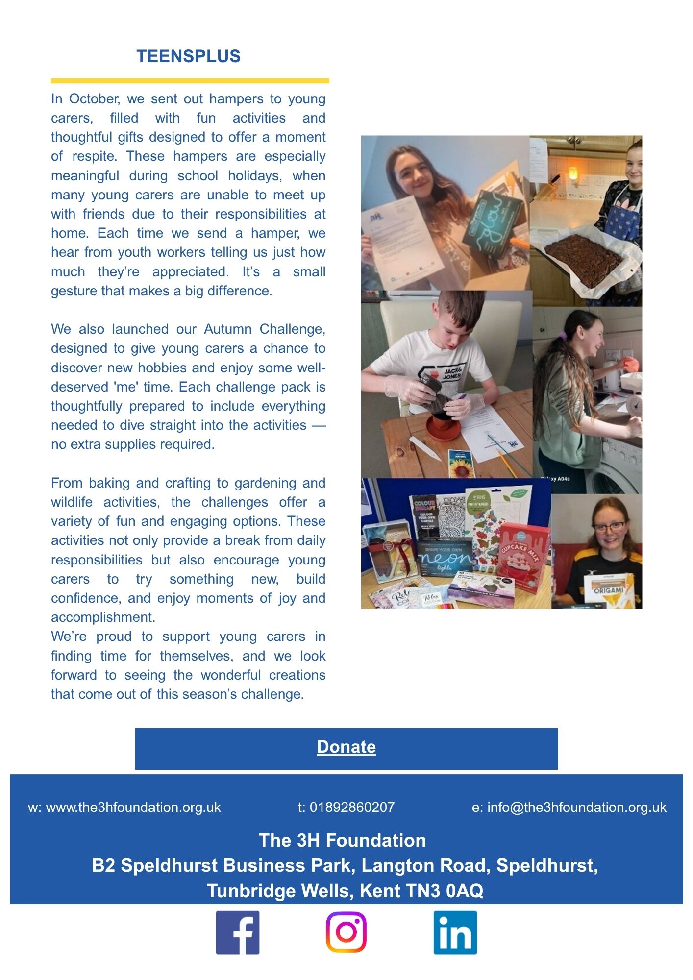 Page 4 of the Autumn Newsletter 2025 showing  photos of young carers enjoying our challenge packs and respite activity hampers.