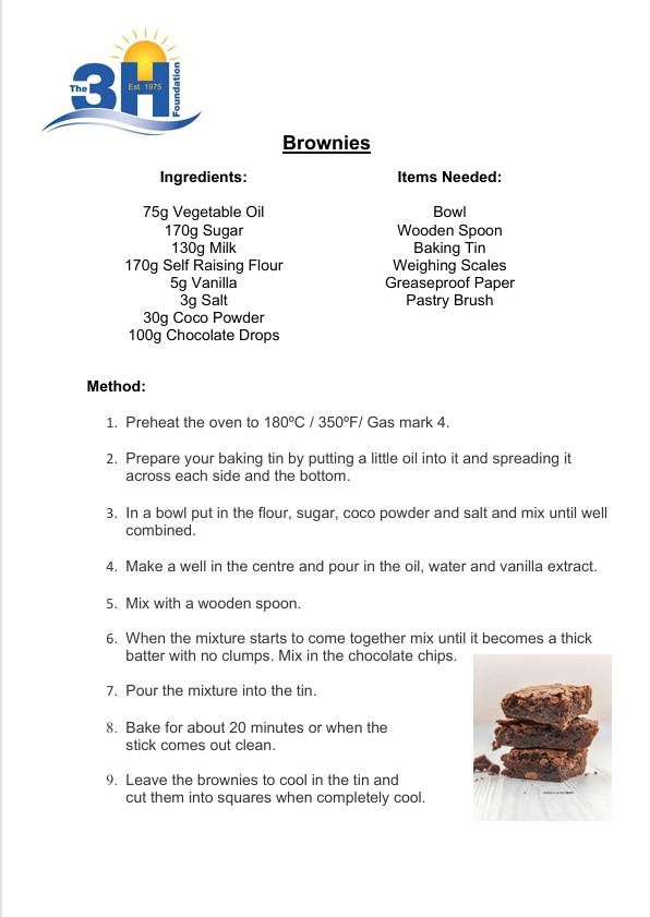 Brownies An image of a brownies recipe including step by step instructions and a picture.